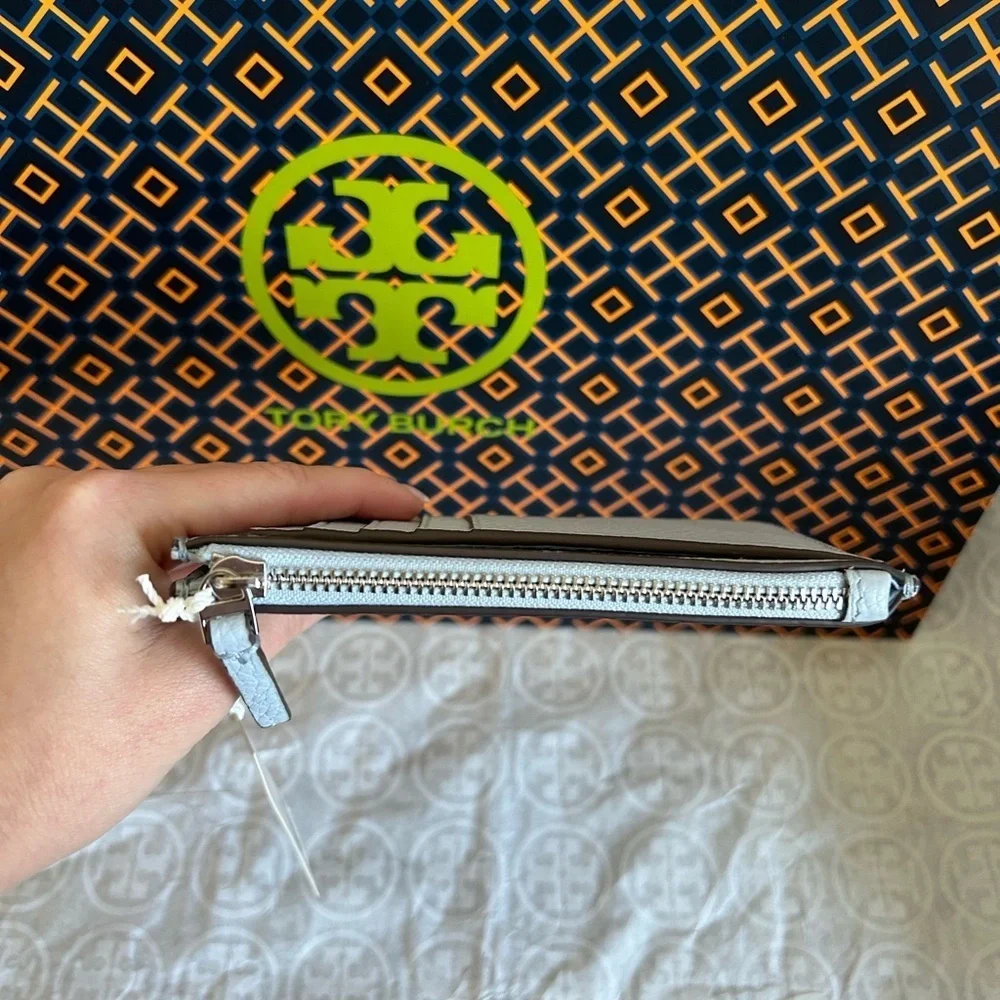 Tory Burch Britten Zip Card Case Mini Wallet Blue Mist Silver Light Blue